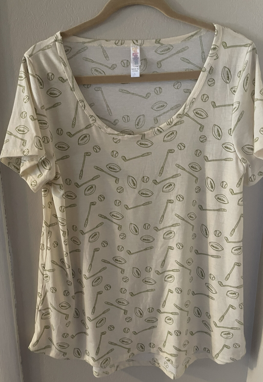 LulaRoe Classic T-Shirt Yellow w/ Green Football, Baseball, Golf Clubs Sports ~L