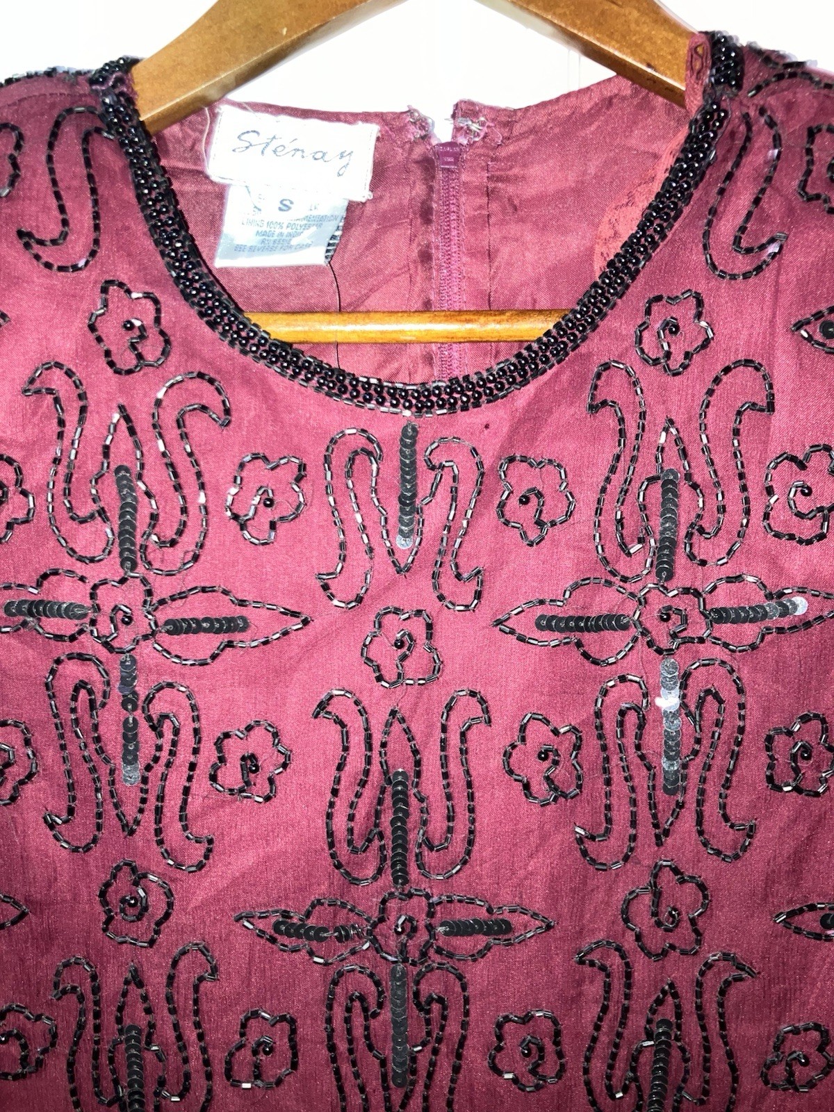 Vintage Stenay Oxblood Burgundy Maroon Black Sequin SILK Blouse Beaded Small NWT
