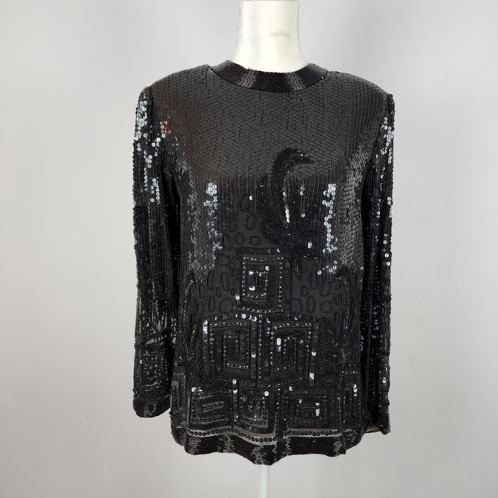 Negere Womens Embellished Beaded Sequin Top Size M Black Silk 20s Deco Vintage