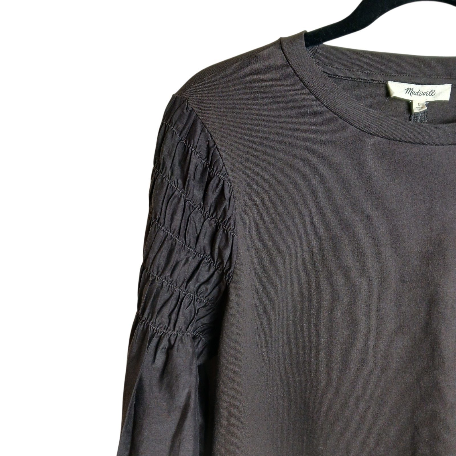 NWT Madewell Smocked Silk/Cotton Long-Sleeve Tee Top Brown Blouse Size Large