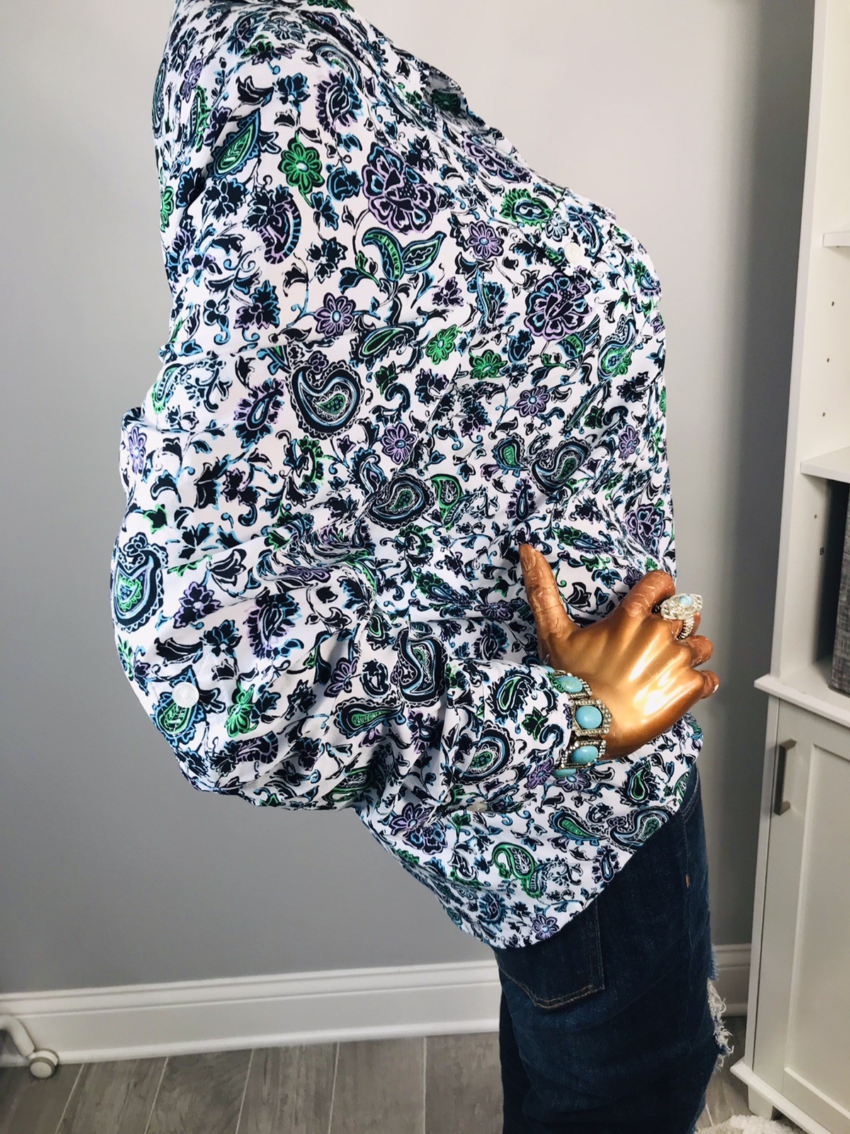 Jones NY Signature L Top Stretch Hem Tie Front Floral Paisleys Button Up Shirt