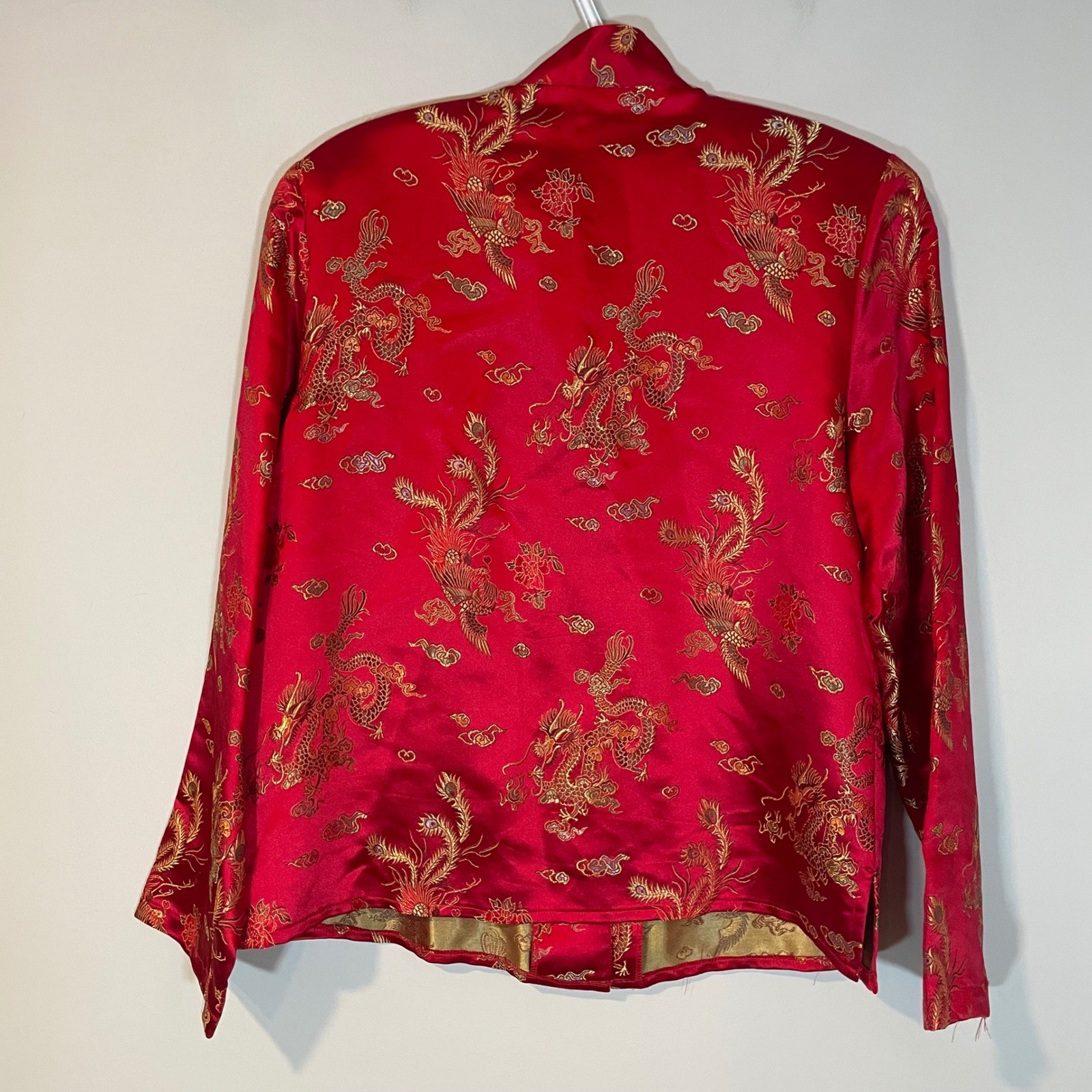 CLIO Red Satin Dragon Phoenix Print Mandarin Collar Button Up Top Jacket Size M