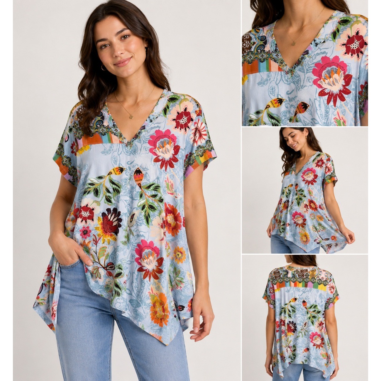 Johnny Was Rainbow Floral Drape Tunic Bamboo Blend V-Neck Top Size S