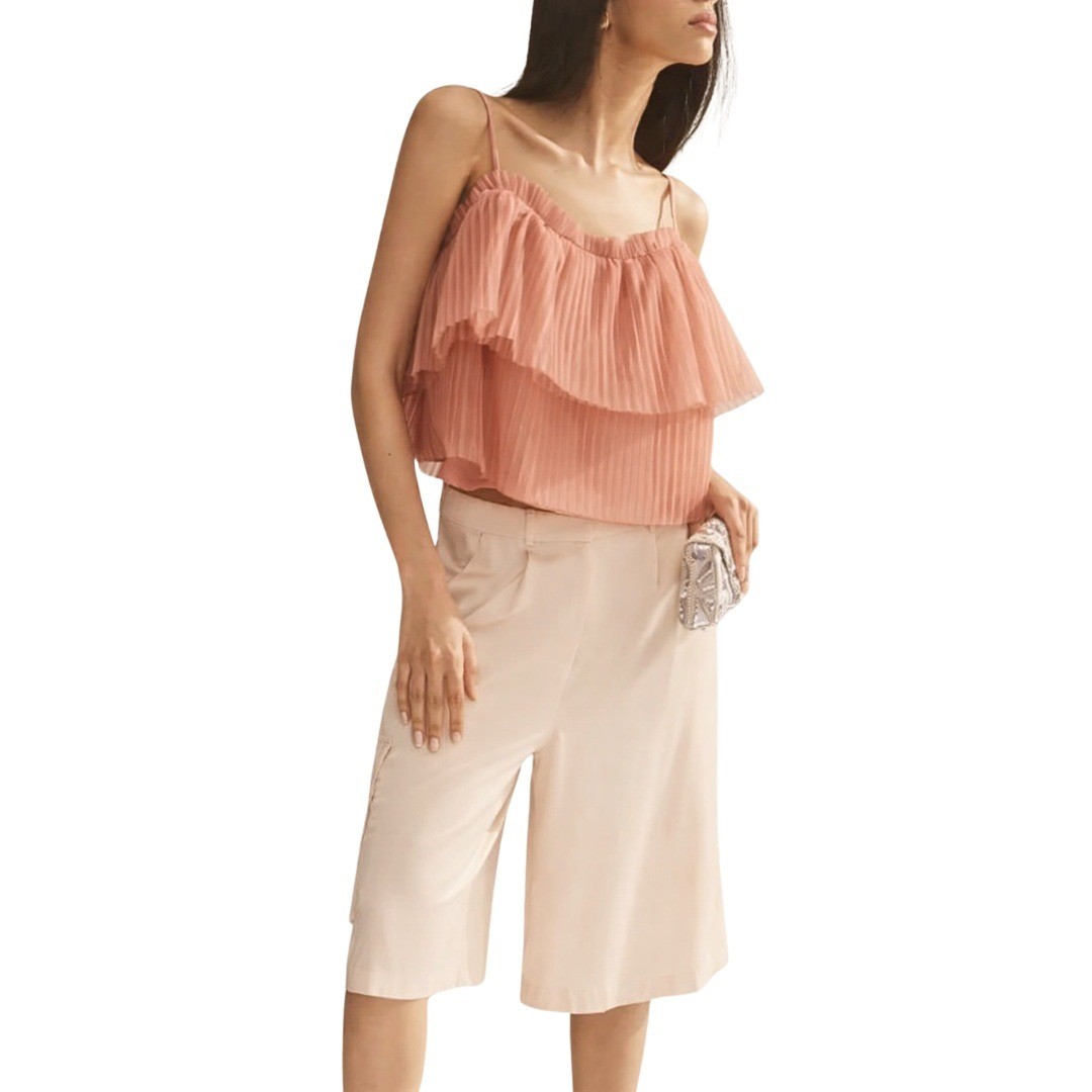 Anthropologie Top Womens XL Peach Tiered Pleated Tulle Cami Coquette Balletcore