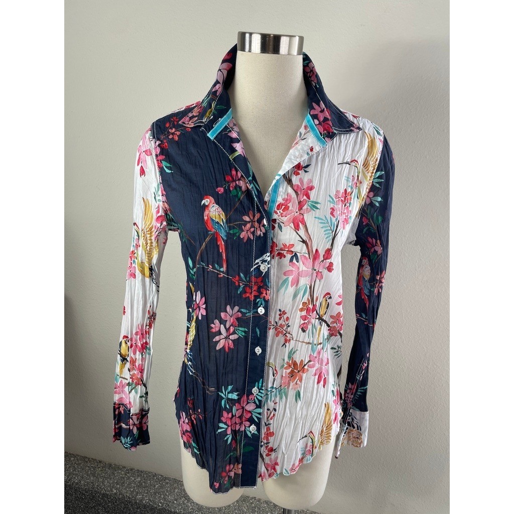 Cino Womens XS Floral Bird Button Up Shirt Long Sleeve Crinkle Cotton Multicolor