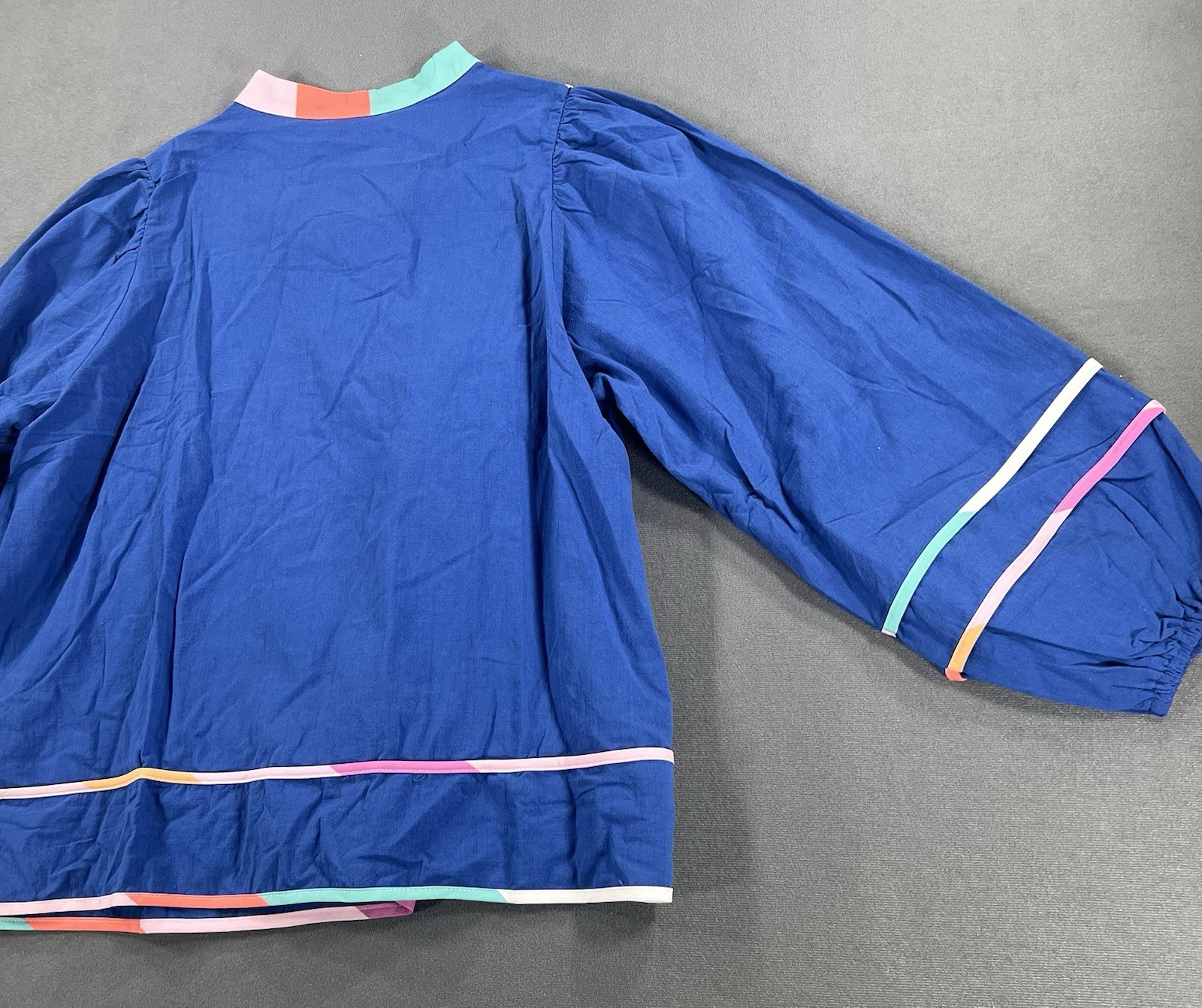 CICY BELL Blue Colorblock Trim Balloon Sleeve Babydoll Cotton Blouse Women’s XL