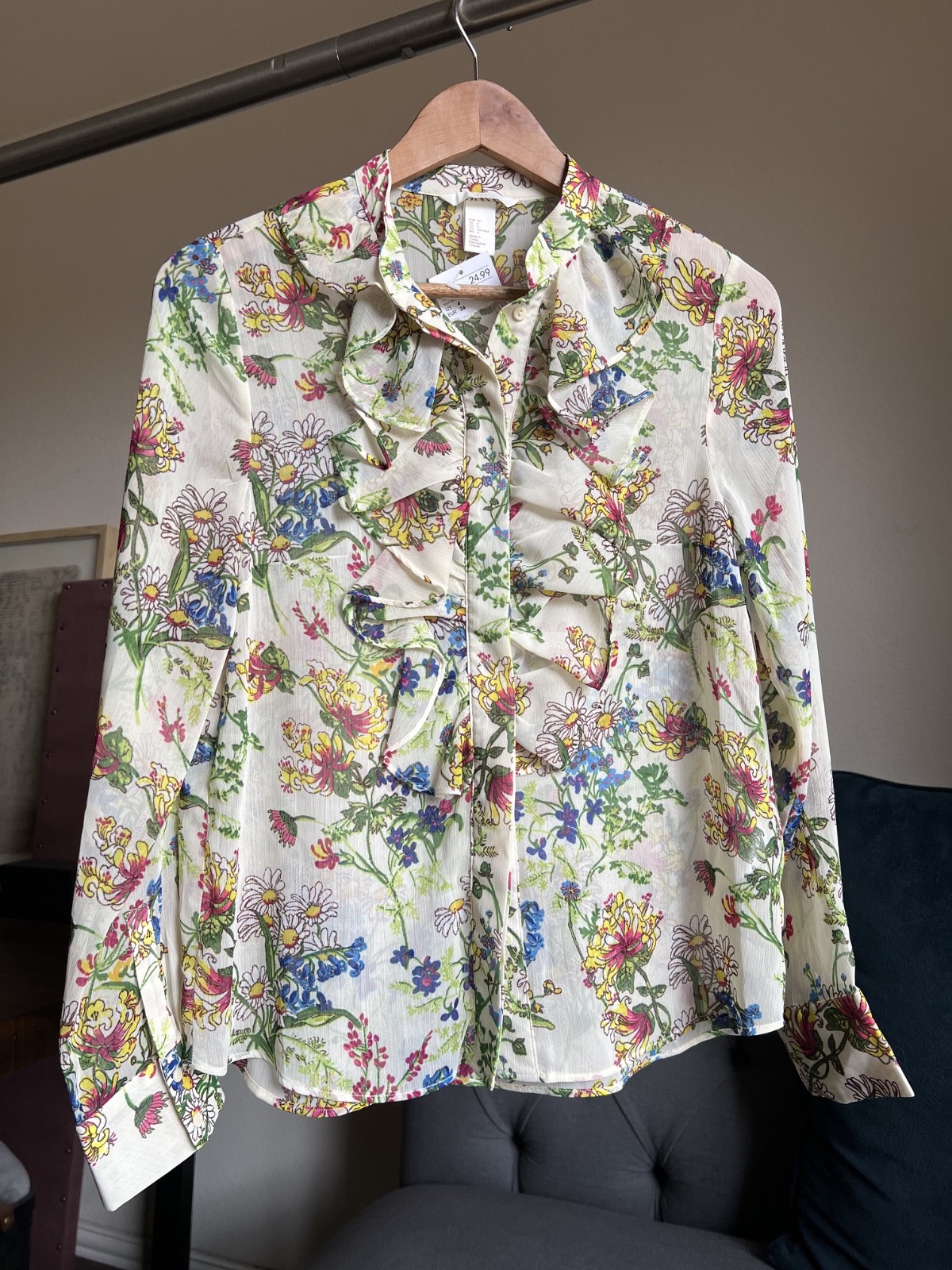 H&M Floral Sheer Ruffle Blouse Size 4 | NWT