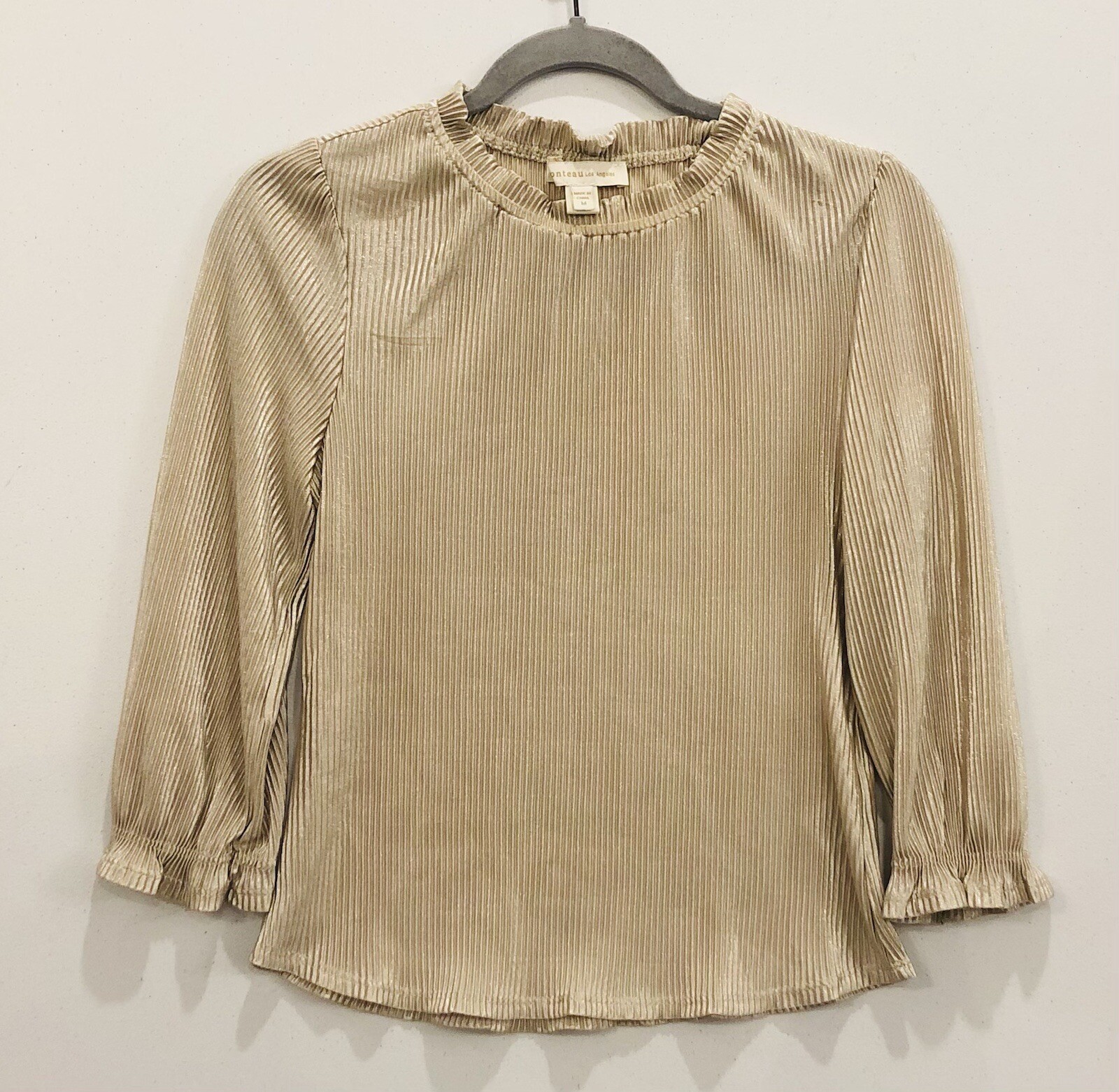 Monteau LA Blouse Women M Beige Long Sleeve Mock Neck Ruffle Pleated Light Sheer