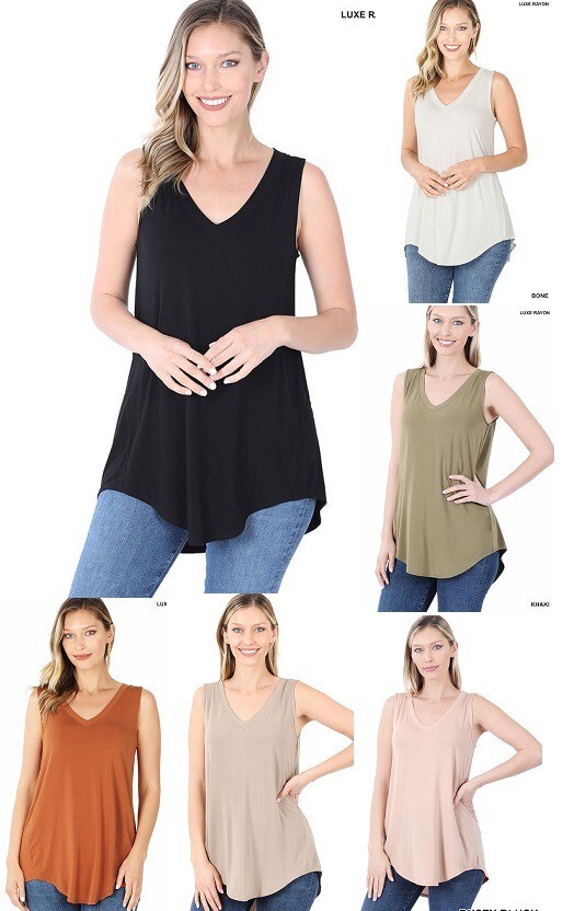 Zenana Luxe Rayon V-Neck Sleeveless Top Hi-Low Dolphin Hem Long Tank S M L XL