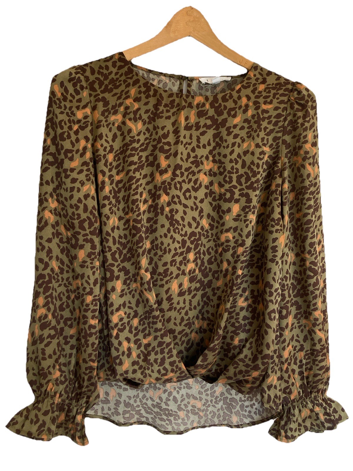 THML Top S Olive Green & Brown Satin Leopard Print Rolled Hem Career Blouse
