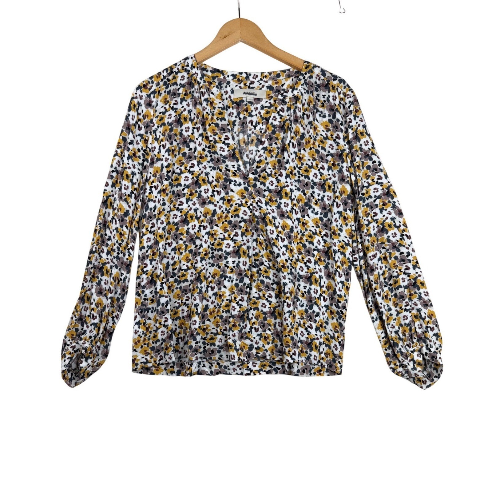 Loft Floral Print Long Sleeve Blouse size Small White/Yellow