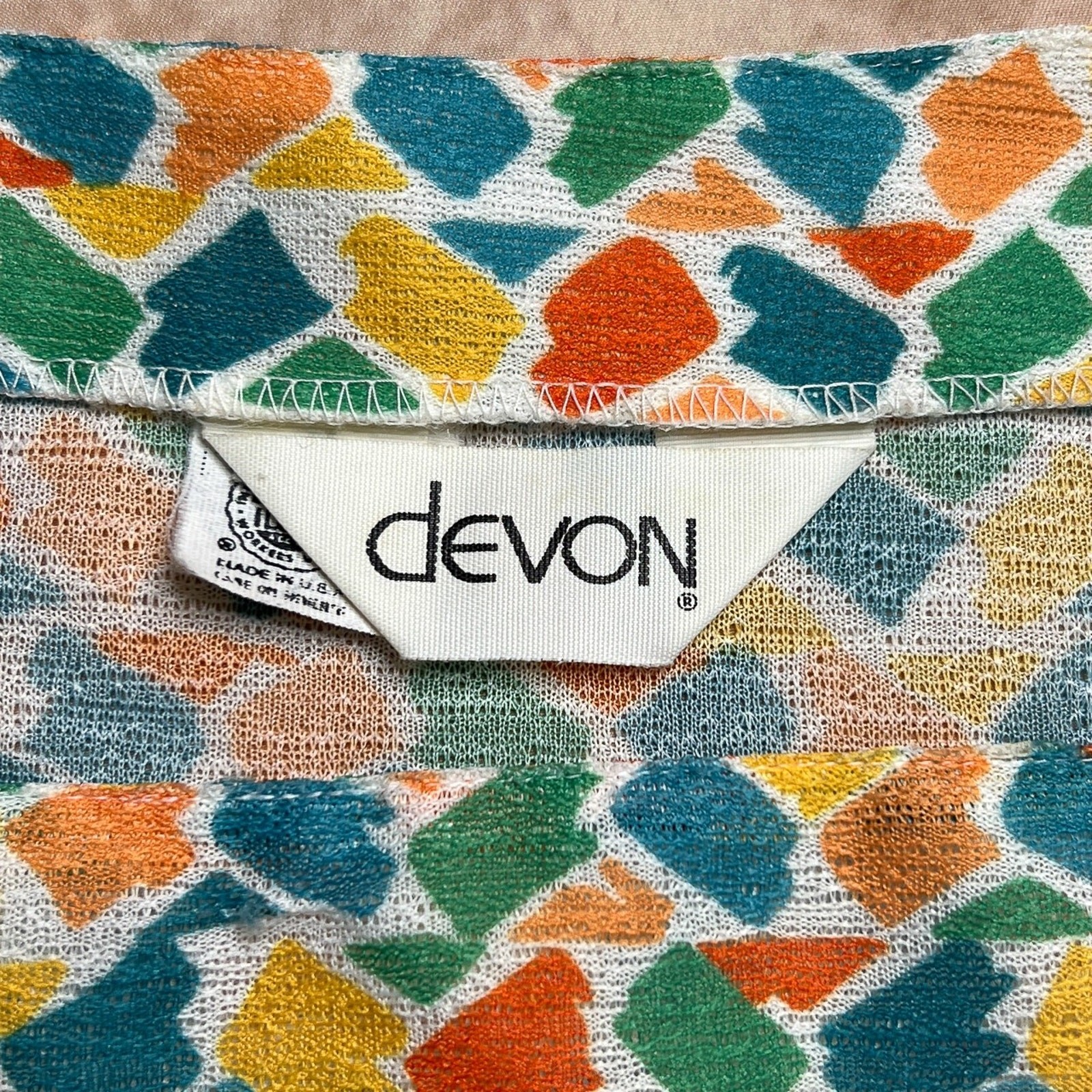 Vintage 70s Woven Polyester Top Multicolor Geometric Short Sleeve Shirt Retro