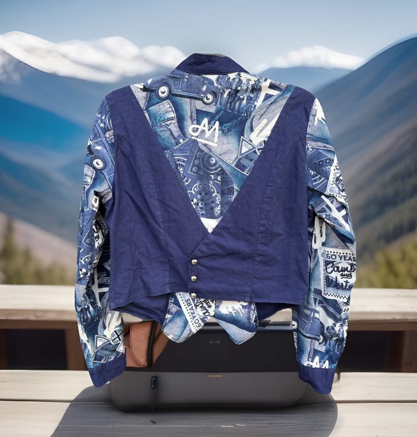VTG 80s Banjo Cropped Western Shirt Women’s L Blue White Rodeo Cowgirl RARE