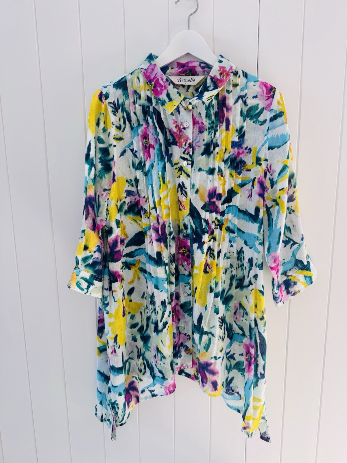 Virtuelle Cotton Blouse Shirt Size 14 Colourful Floral Pleated Button Up Collar