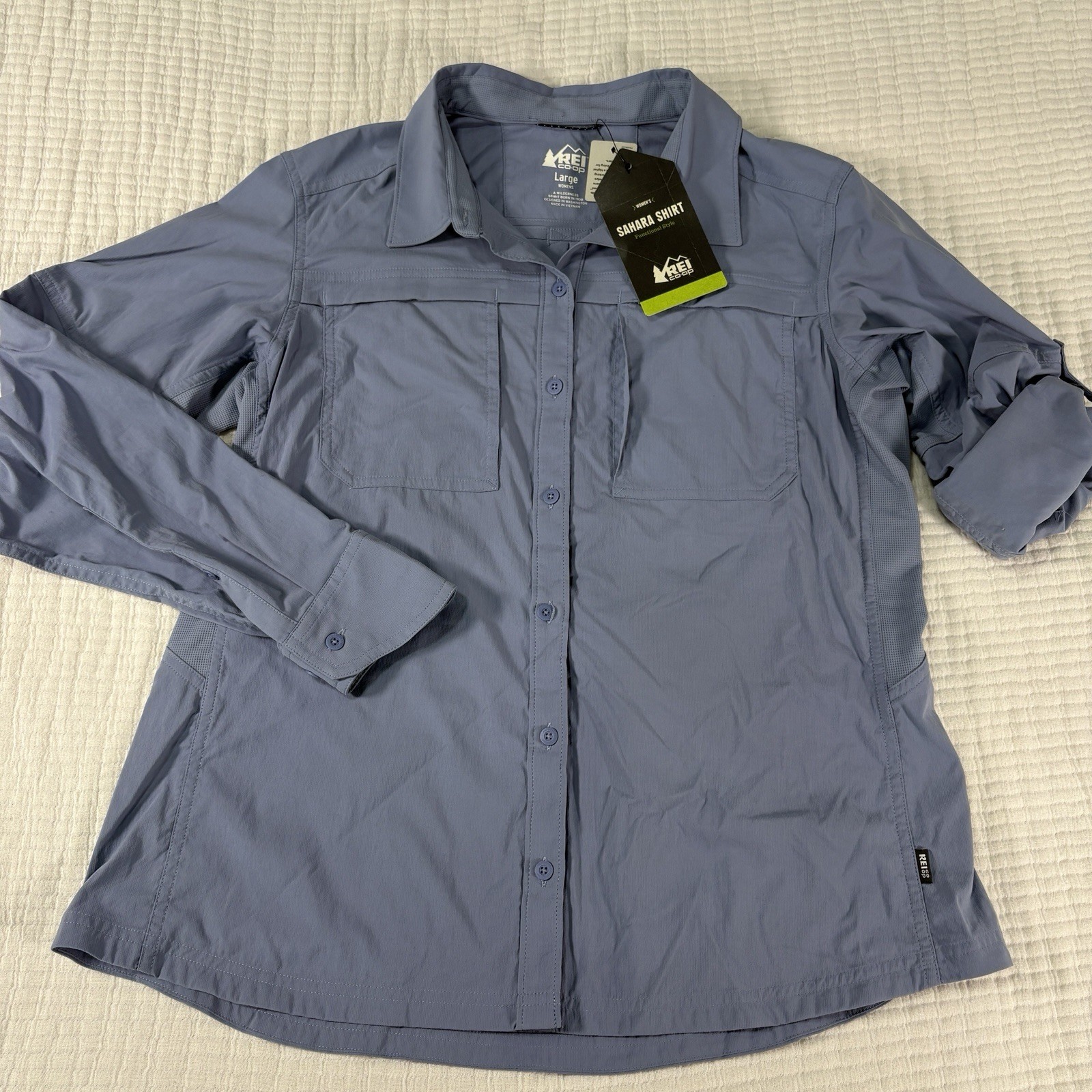 NEW REI Sahara Shirt Womens Large Blue Roll Tab Sleeve UPF Hiking Outdoors Trail