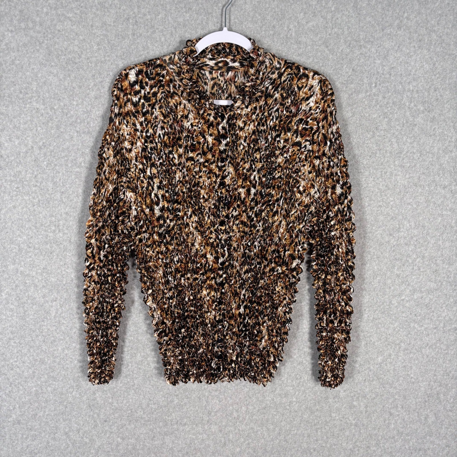 Vintage 90s Leopard Crinkle Popcorn Blouse S M L Stretch Maximalist Whimsical
