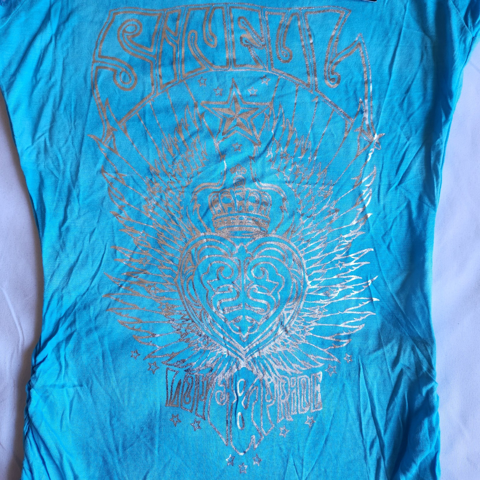 Sinful By Affliction First Love Women’s S Blue Biker Y2K Cyber Grunge Top Shirt