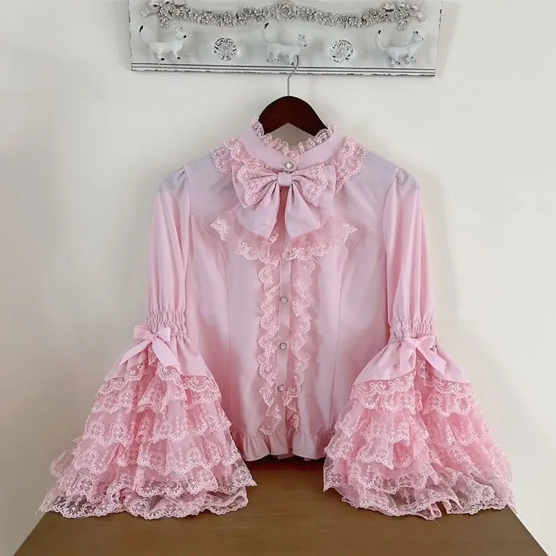 Gothic Sweet Lolita Shirt Long Sleeve Ruffled Blouse Kawaii Top Puff Sleeve