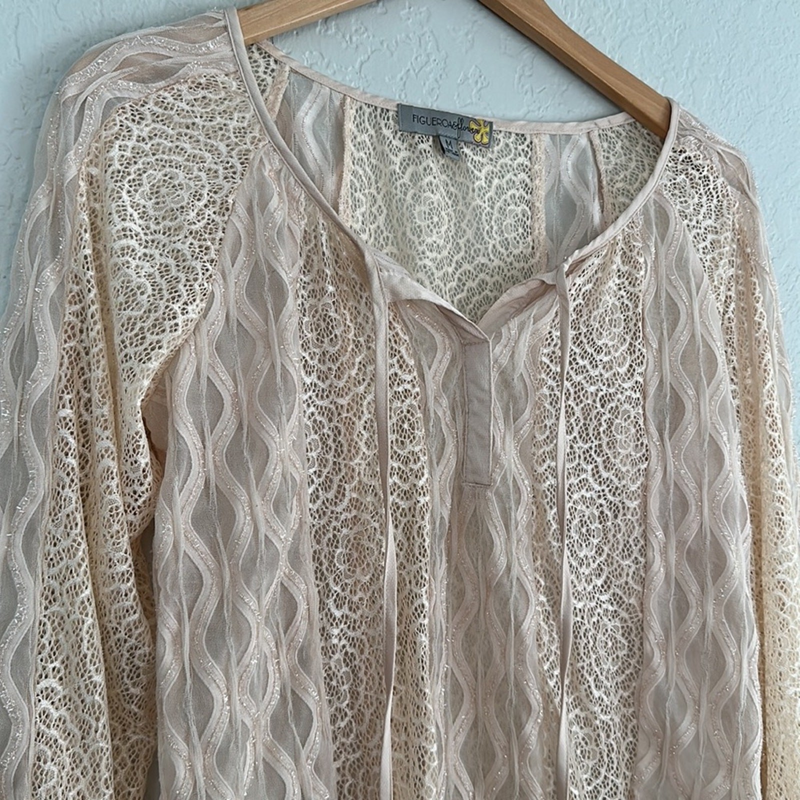 Cream Sheer Lace Feminine Blouse Top Coquette Flirty Cottage Girly Long Sleeve