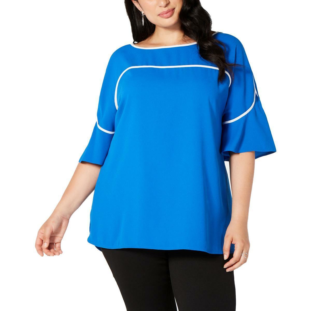 Alfani Plus Size Piping Trim Blue High-Low Blouse Stormy Sea Size 2X NWT