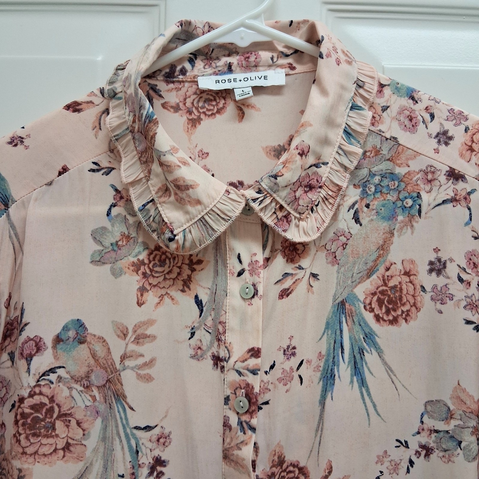 Rose + Olive Floral Bird Button Up Top Large Ruffles Cottagecore Fairy Coquette