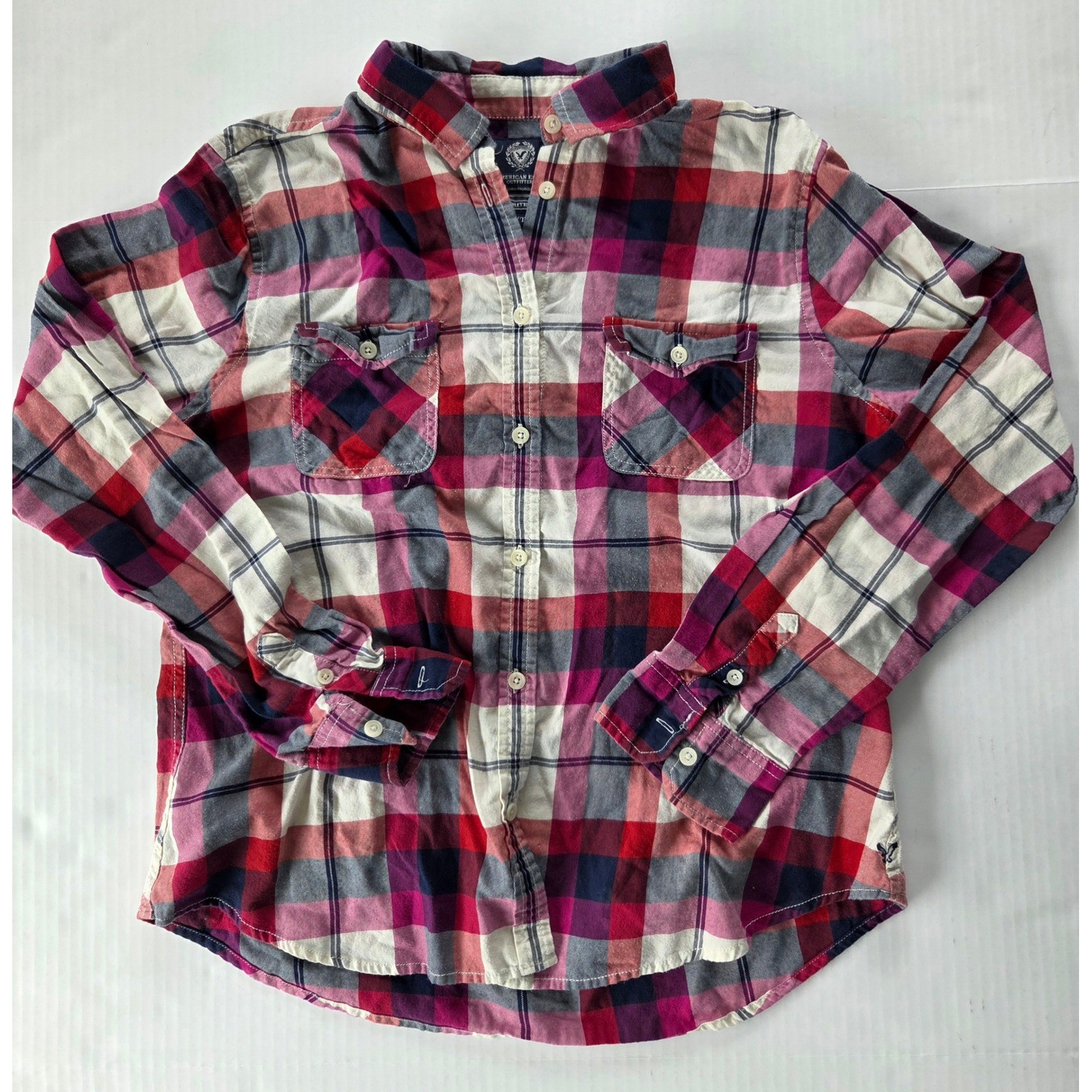 American Eagle Outfitters Favorite Fit Plaid Button Down Shirt Red Pink XL