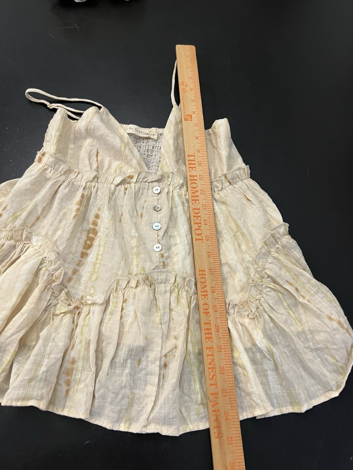 By Together NWOT Boutique Cream Lime Green Tan Ruffle Boho Sleeevless Blouse S