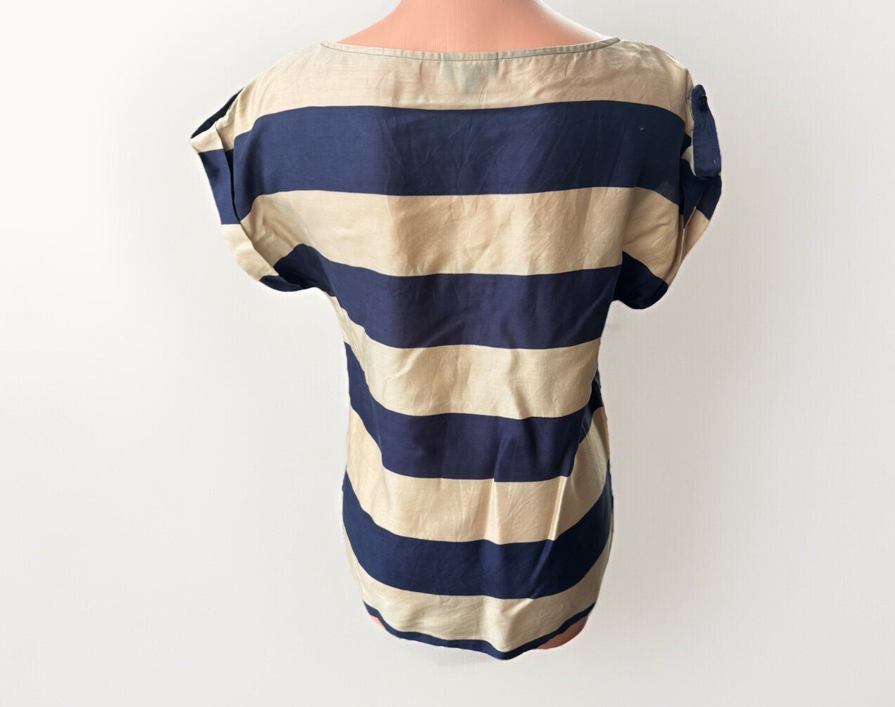 Talbots Tencel Striped Top Size 2 Navy Tan Nautical Preppy Shirt