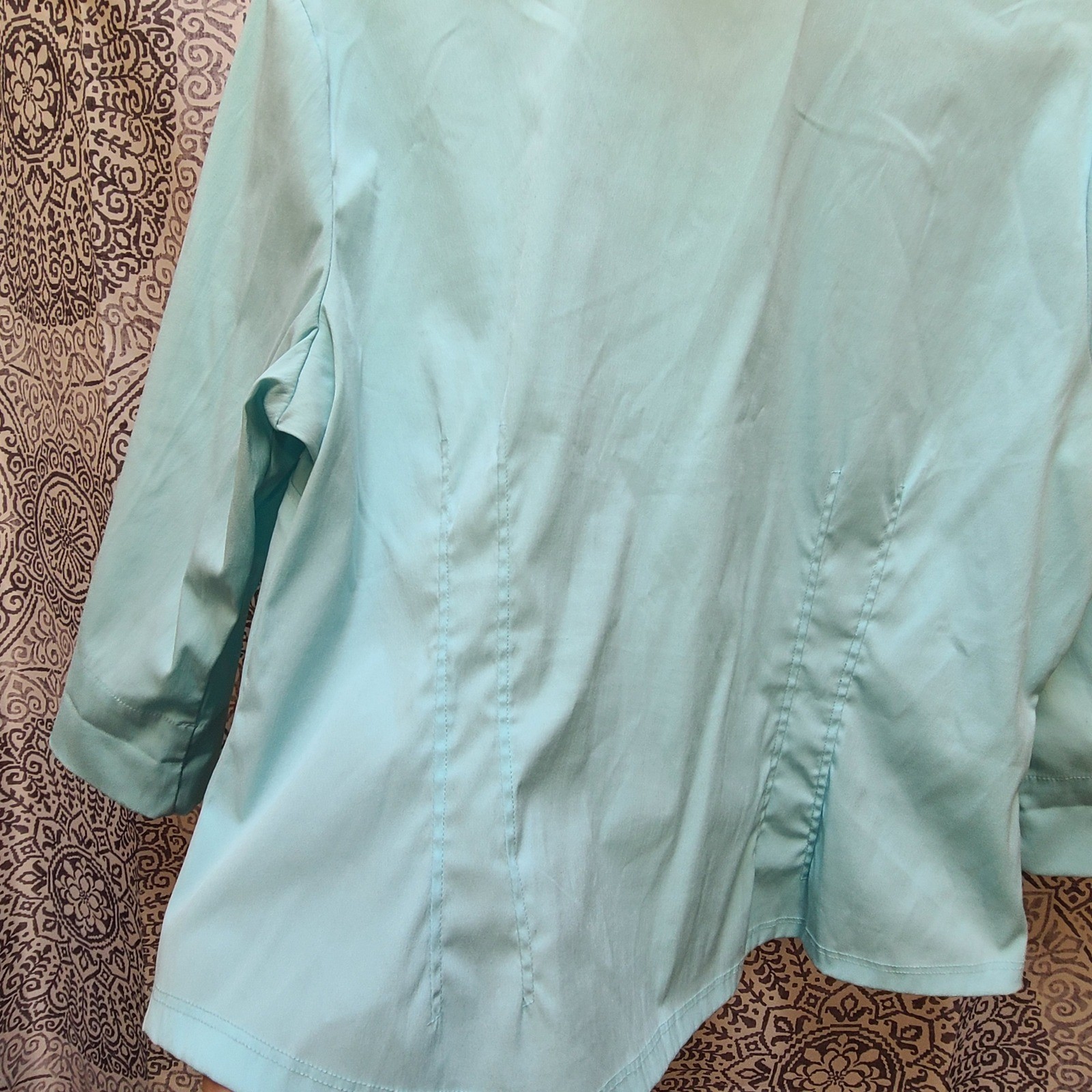 Fred David Button Up Stretch Blouse Womens XL Turquoise Blue 3/4 Sleeve Fitted