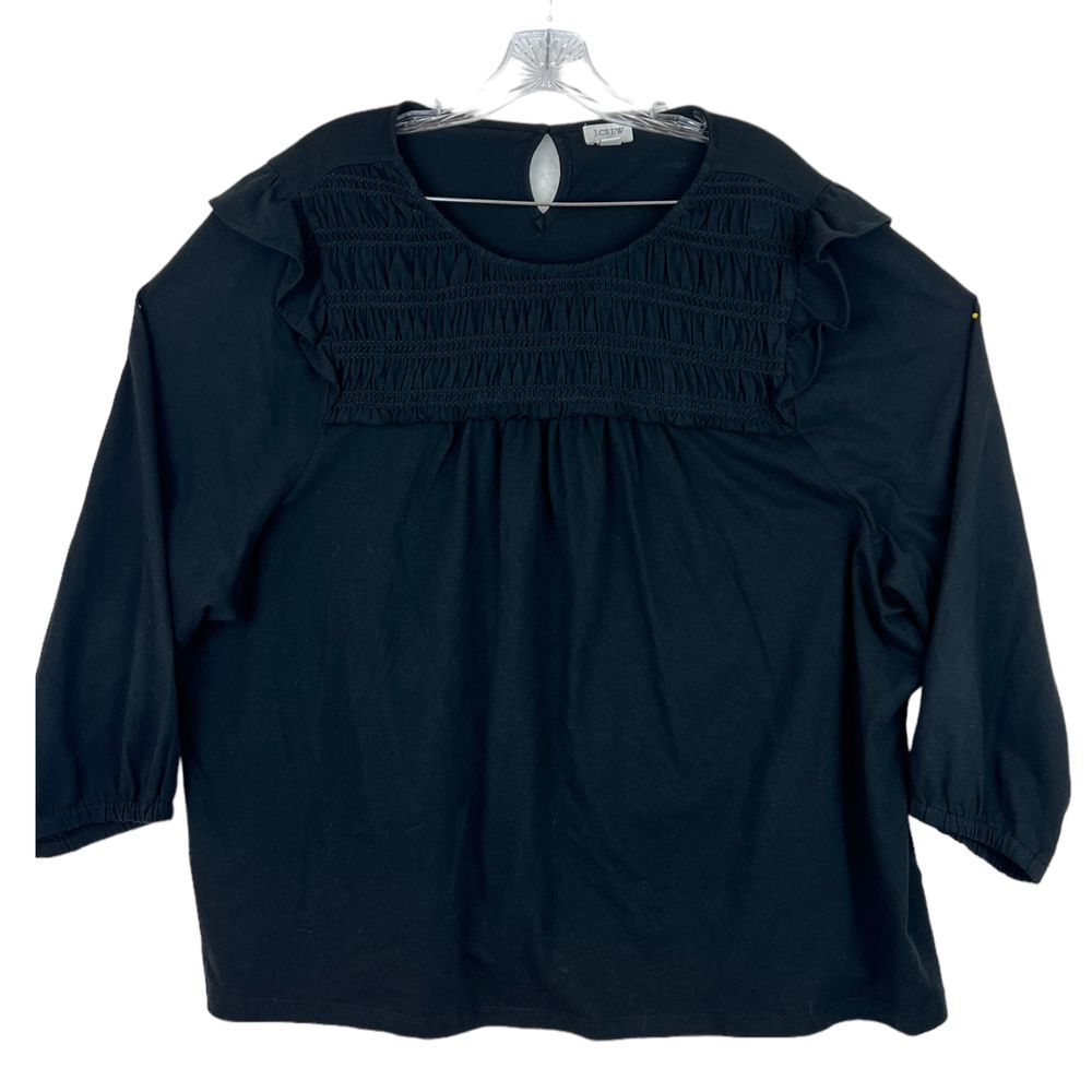 J CREW Womens Black Smocked Cotton Ruffle Blouse with 3/4 Sleeve Plus Size 3X