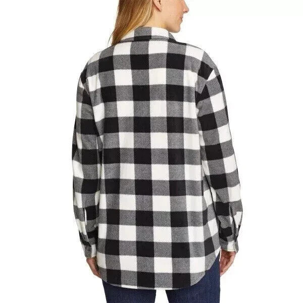 Eddie Bauer Women’s Microfleece Button Up Flannel Shacket, Black Plaid, XL, New