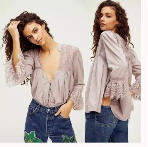 Free People Esme Button Up Top Boho Crochet Romantic Lavender Mauve NWT $128 XS