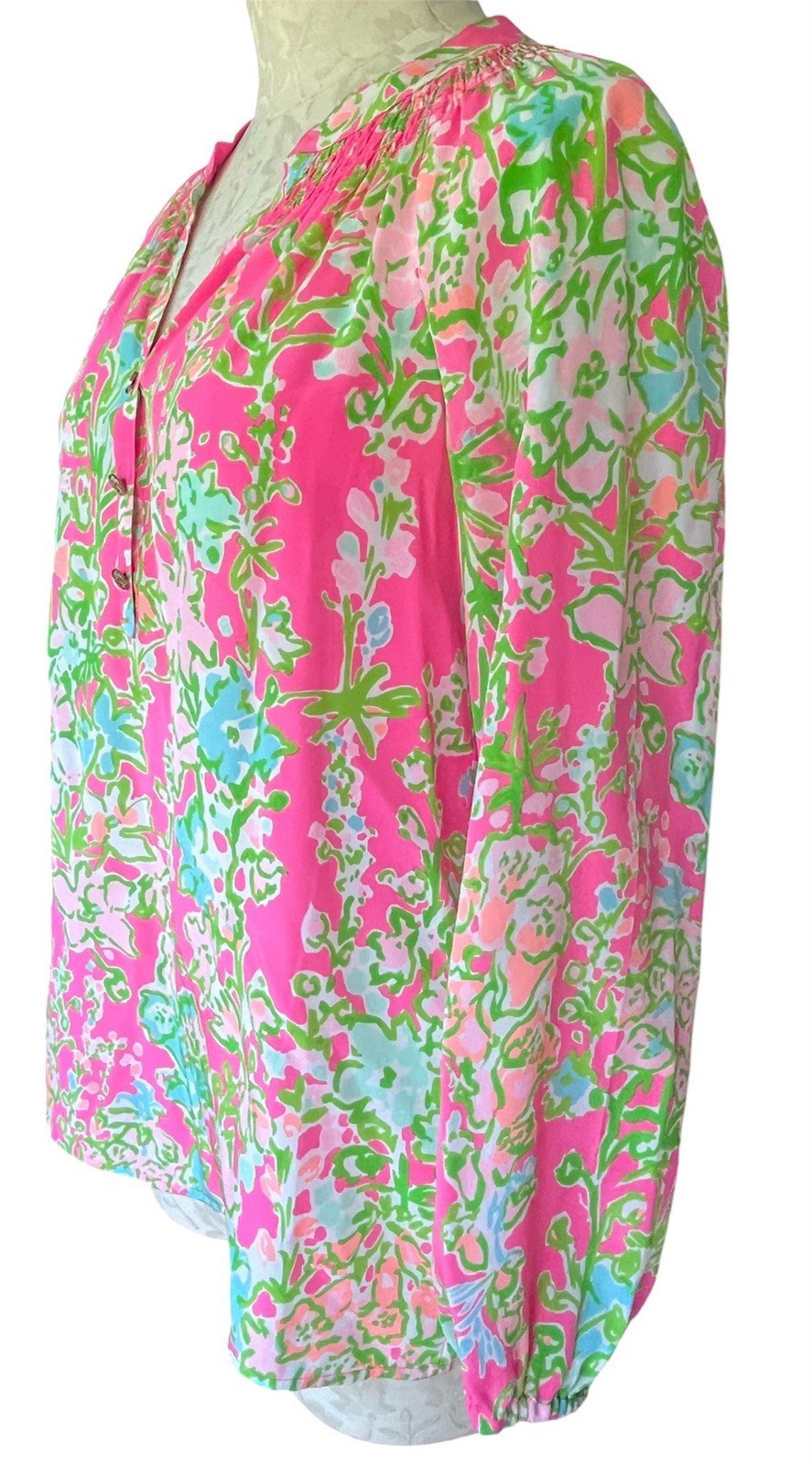 Lilly Pulitzer Elsa Southern Charm Pink Blue Green Floral Silk Pull Over Top XS