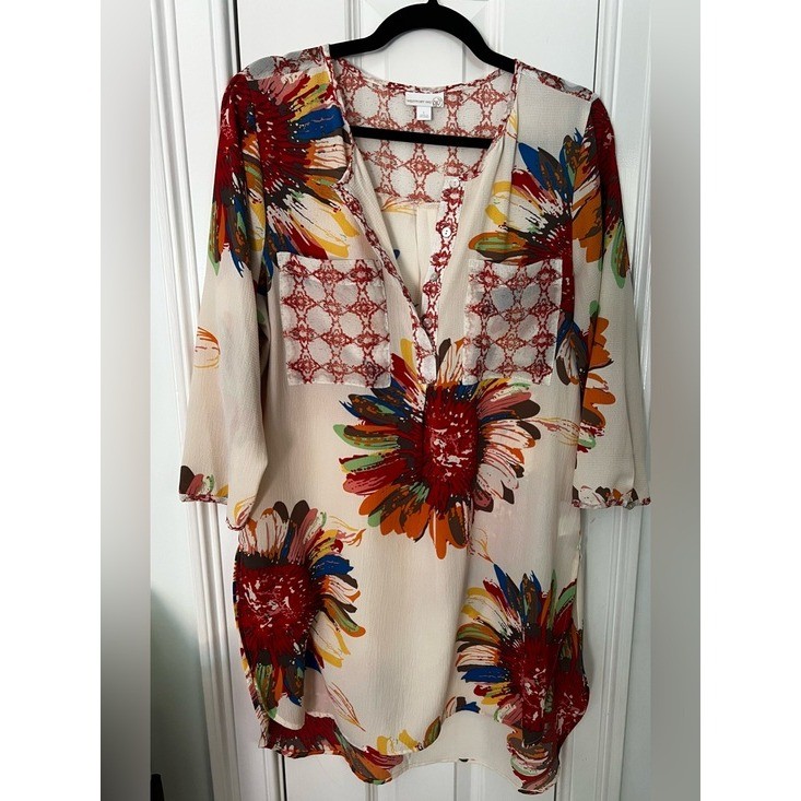 Westport 1962 Womens Floral Sunflower Mixed Print Henley Tunic Blouse Large