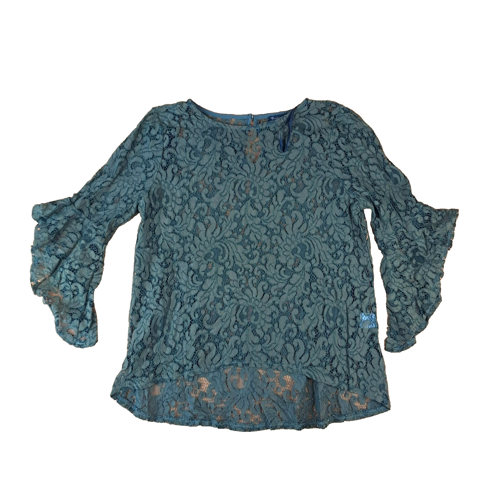 Caroline Morgan Womens Size 10 Khaki Open Knit Lace Applique Blouse Bell Sleeve