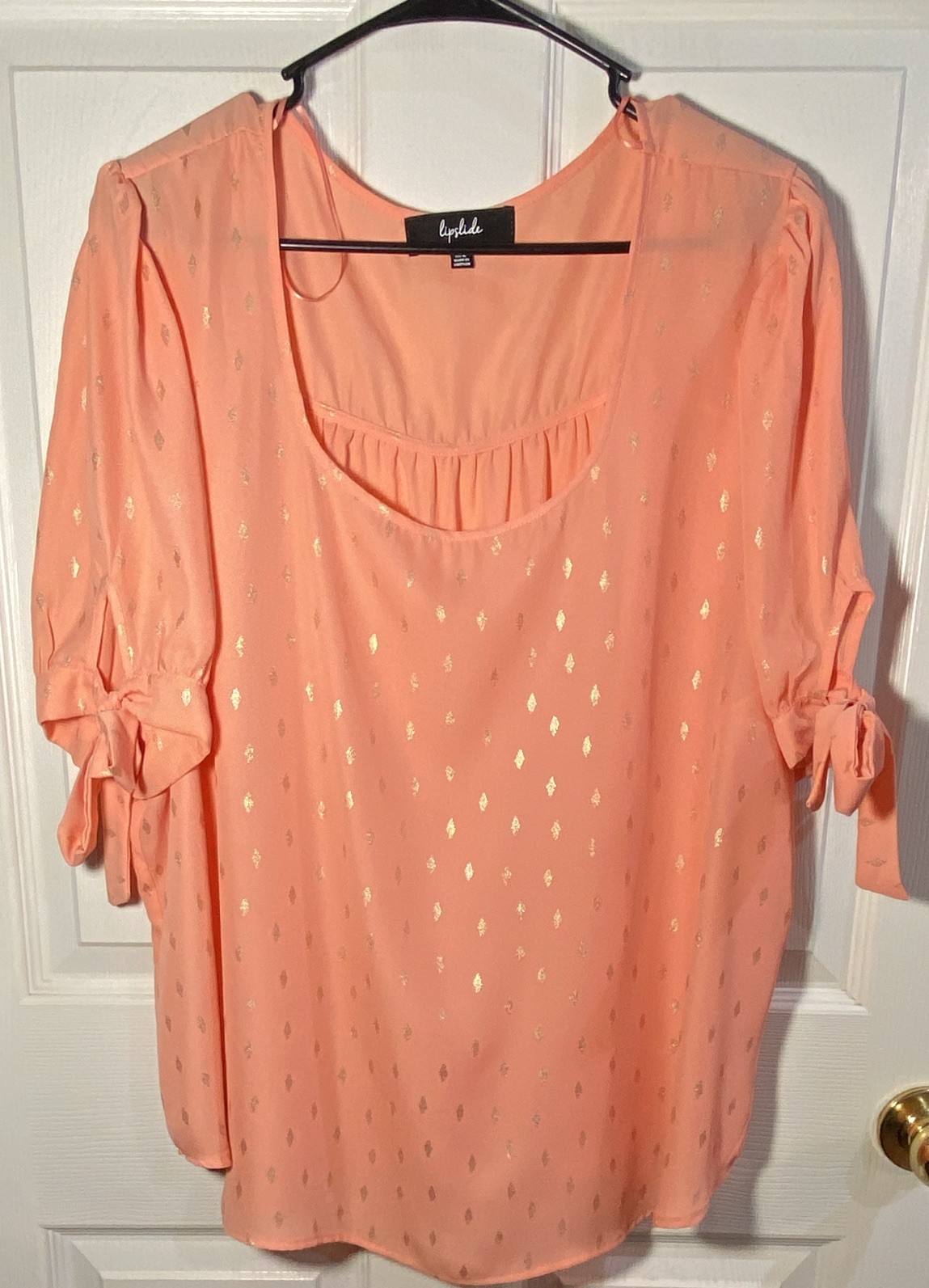 lipslide Pink Metallic Puff Sleeve Scoop Neck Bow Accent Blouse Plus 3X