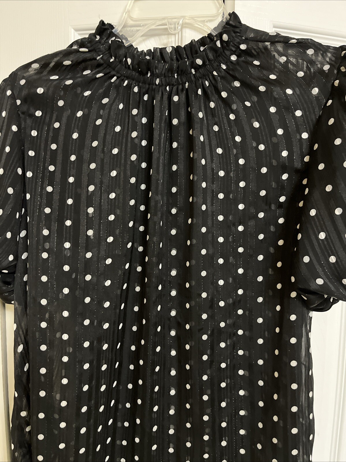 China Dolls~Short Puffed Sleeve Black & White Polka Dots~HighNeck Blouse Size XL