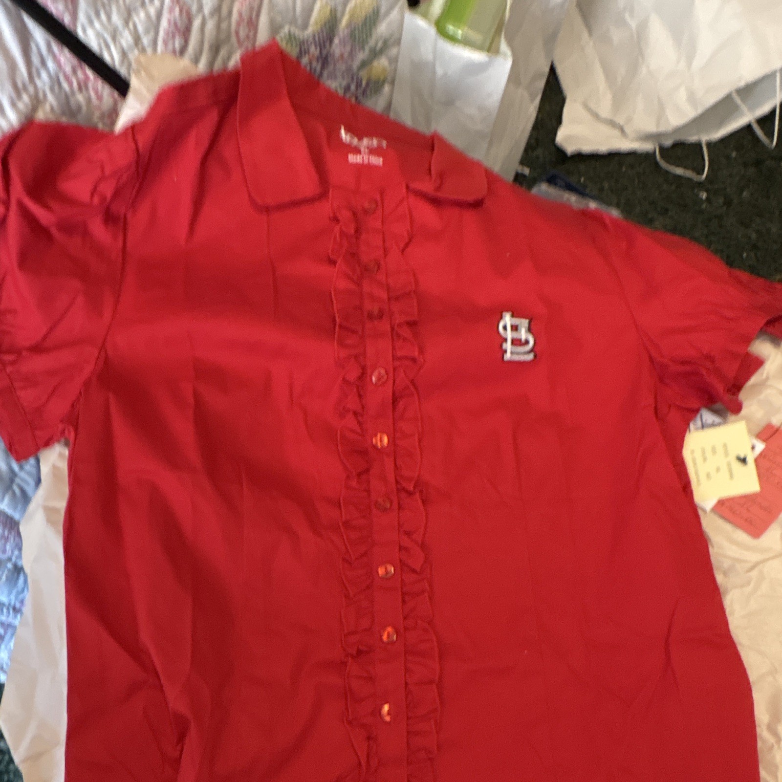 Touch Women’s XL Red Collared Ruffle Button-Down Blouse St. Louis Cardinals MLB