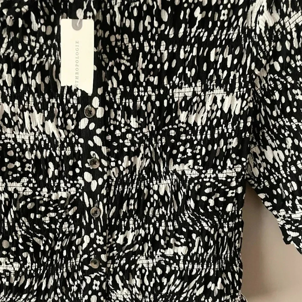 Maeve Smocked RUFFLE Button-Front Top by Anthropologie Black & White Blouse NWT
