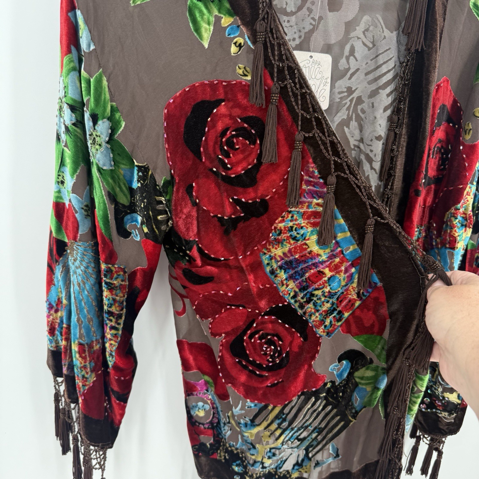 Aris A Kimono Burnout Velvet Floral Boho Beading Tassel Fringe Silk Blend