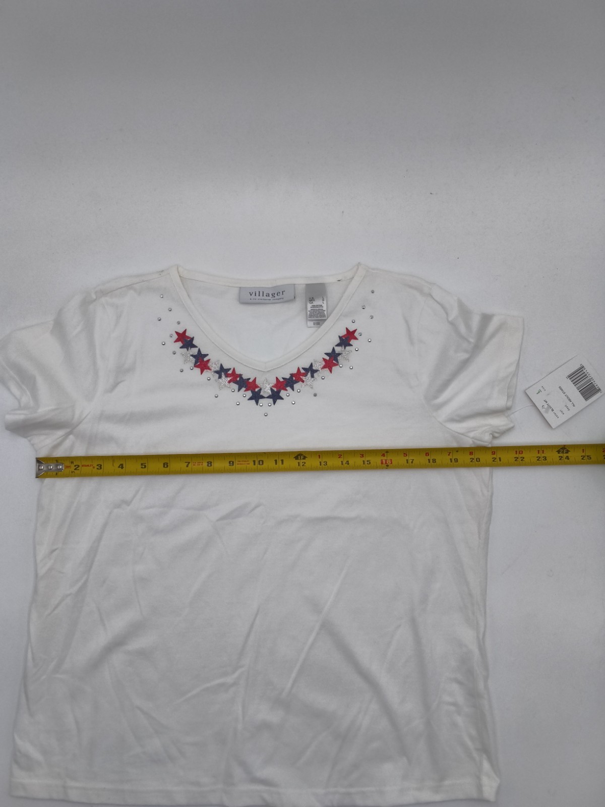 Woman’s Village Brand White Embellished Patriotic T-shirt NWT