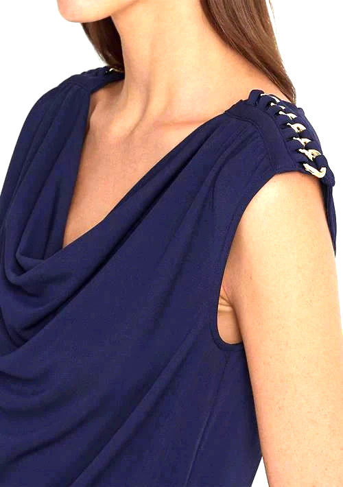 NYC New York & Company Womens Sleeveless Blouse Waterfall Gold Blue Large NEW