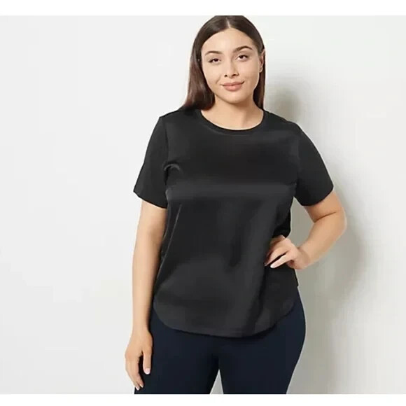 J Jason Wu Women’s Top Short Sleeve Mixed Media Hi-Lo Hem Tee in Black Size XL