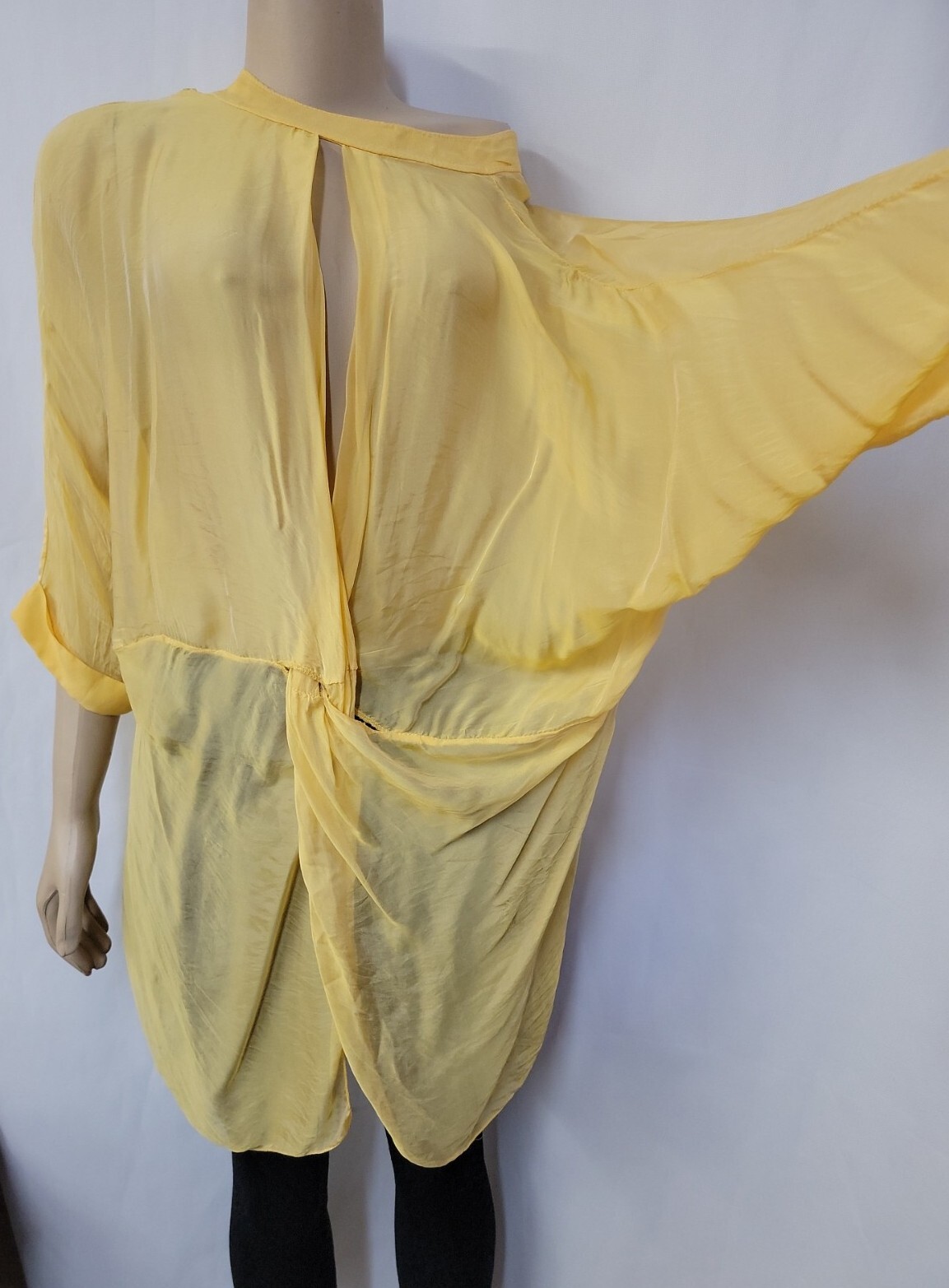 Meo Meli RARE Yellow Size M? Twisted Front Sheer Women’s Tunic Top, Sheer #H