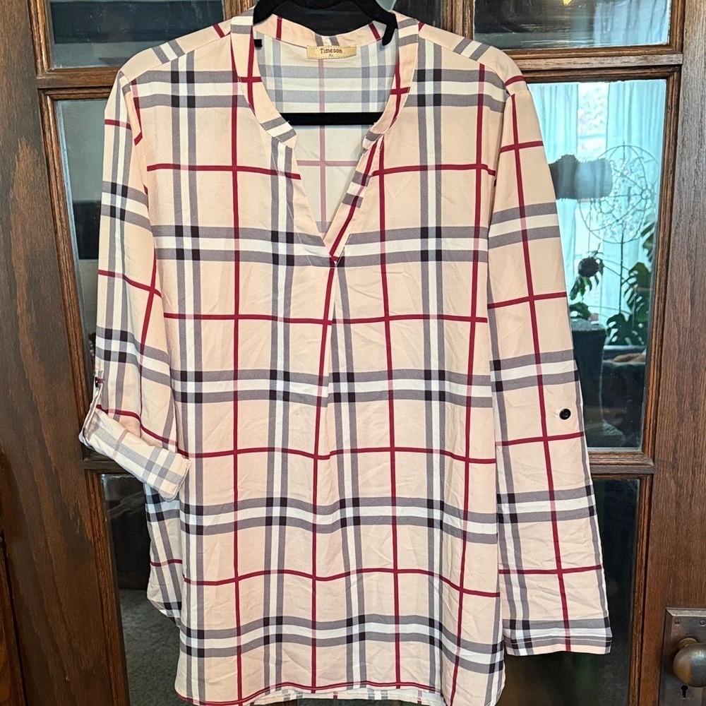 Timeson Womens XL Plaid Roll Tab Sleeve V-Neck Blouse Beige Red Black Business