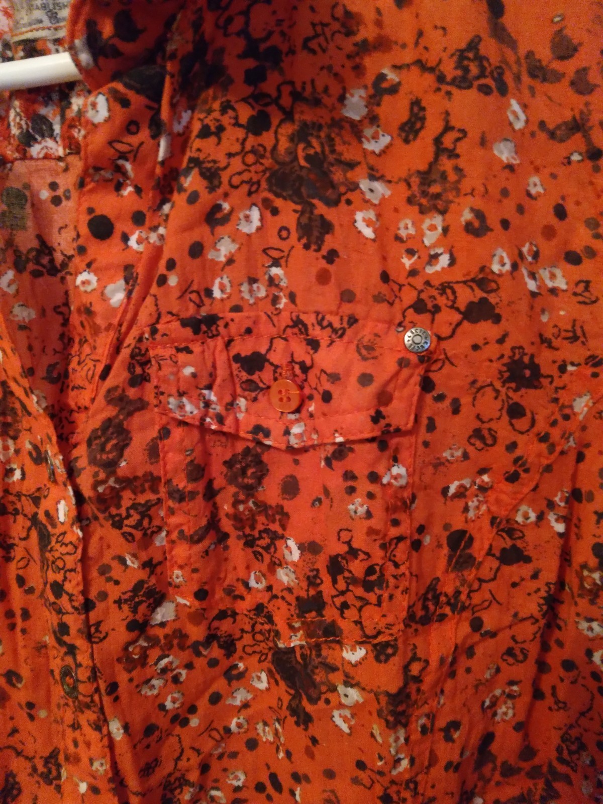 Cecil Orange Black Floral Blouse Cotton Tie Waist SZ M Cottagecore Prairie