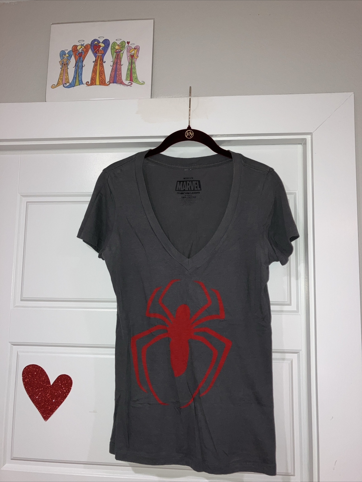 Marvel Spider Man Short Sleeve Graphic T Shirt Womens Size L Gray V-neck Symbol