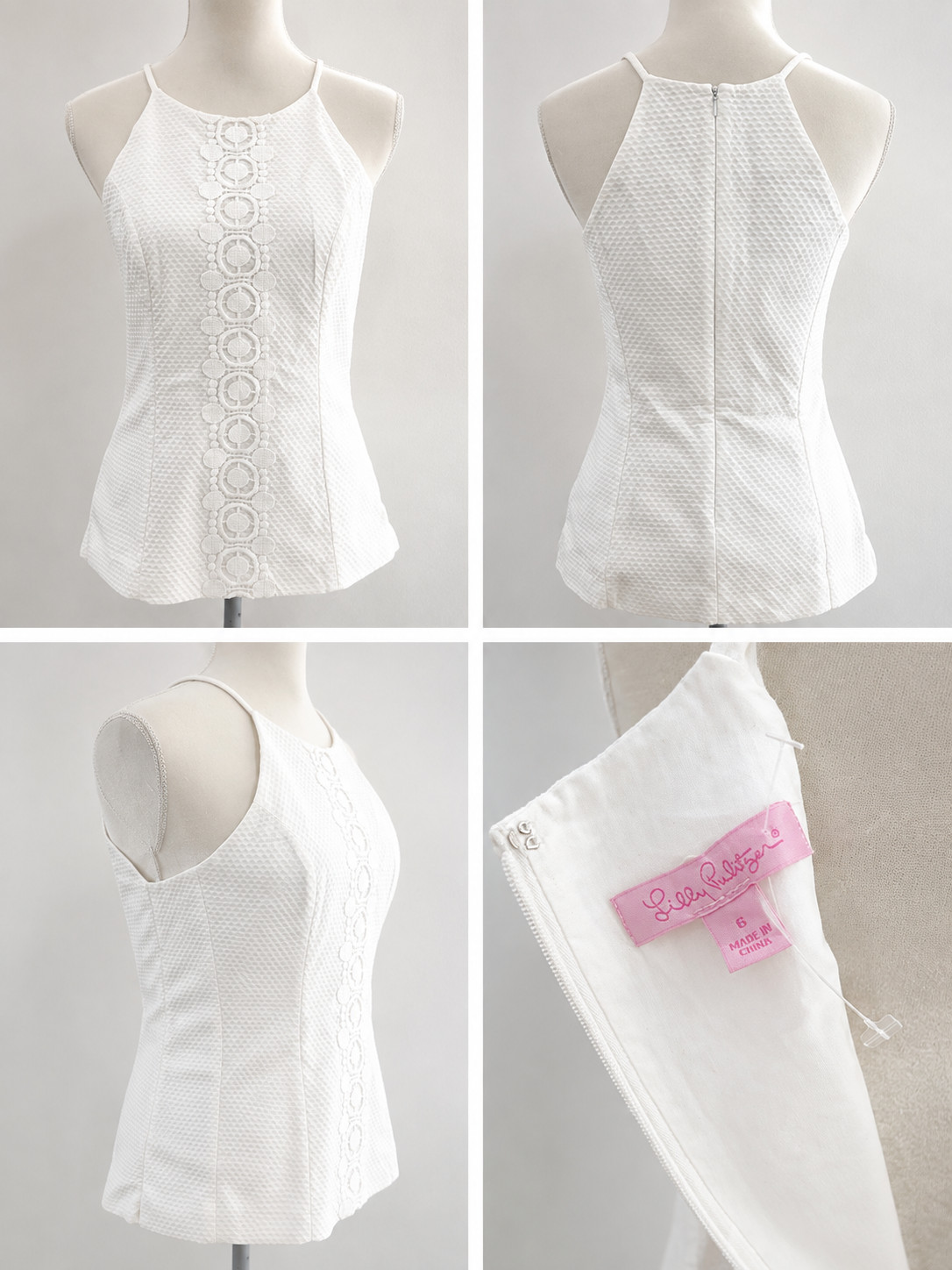 Lilly Pulitzer White Sleeveless Embroidered Women Halter Top Zip Up Back Size 6