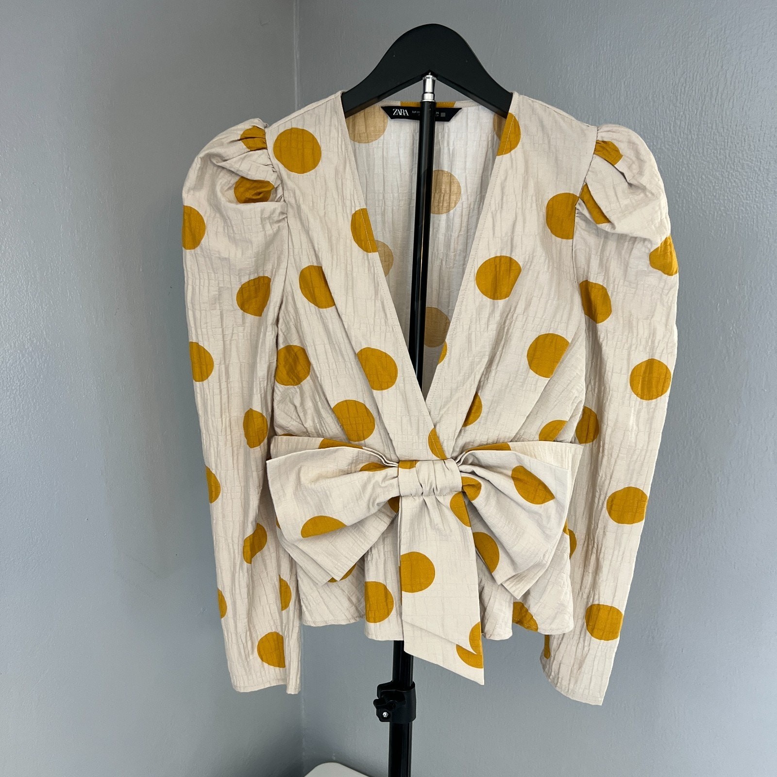Zara Women’s Cream Mustard Yellow Polka Dots Bow Puff Long Sleeve Top Size XS