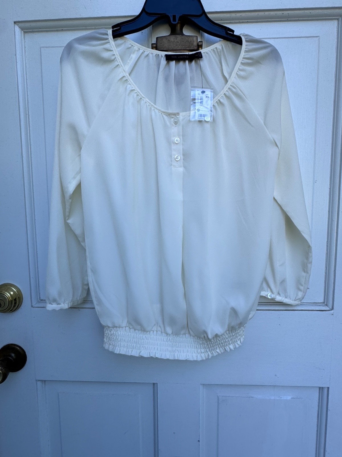 NWT The Limited Womens Ivory Semi-Sheer Peasant Blouse XS Cinched Hem Career
